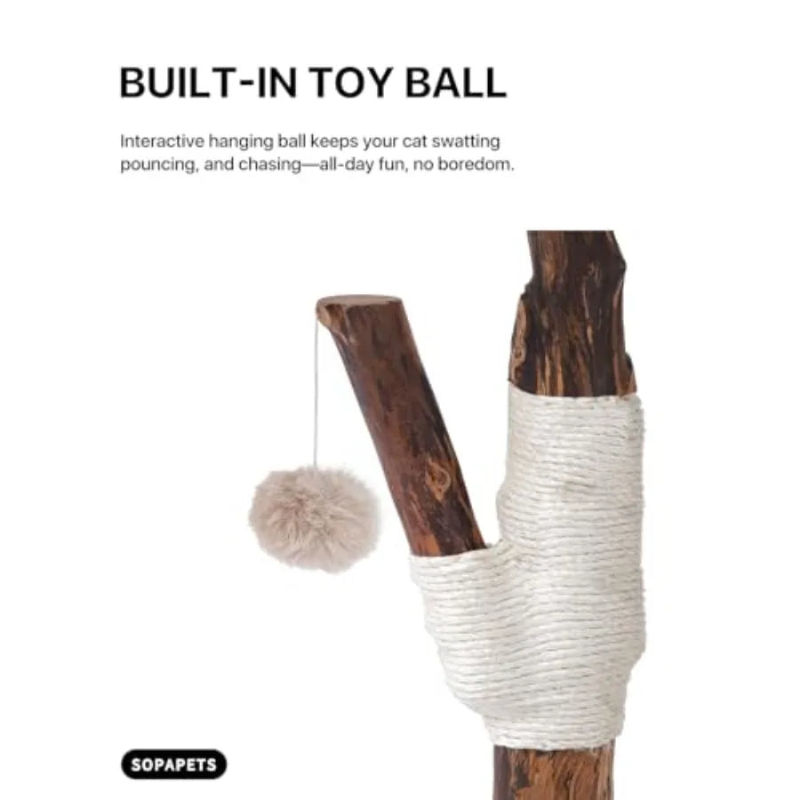 Aesthetic Cat Tree Tower for Large Cats with Faux Fox Fur Solid Wood Sisal Scratching Post Perches Platform Toy Ball in Brown