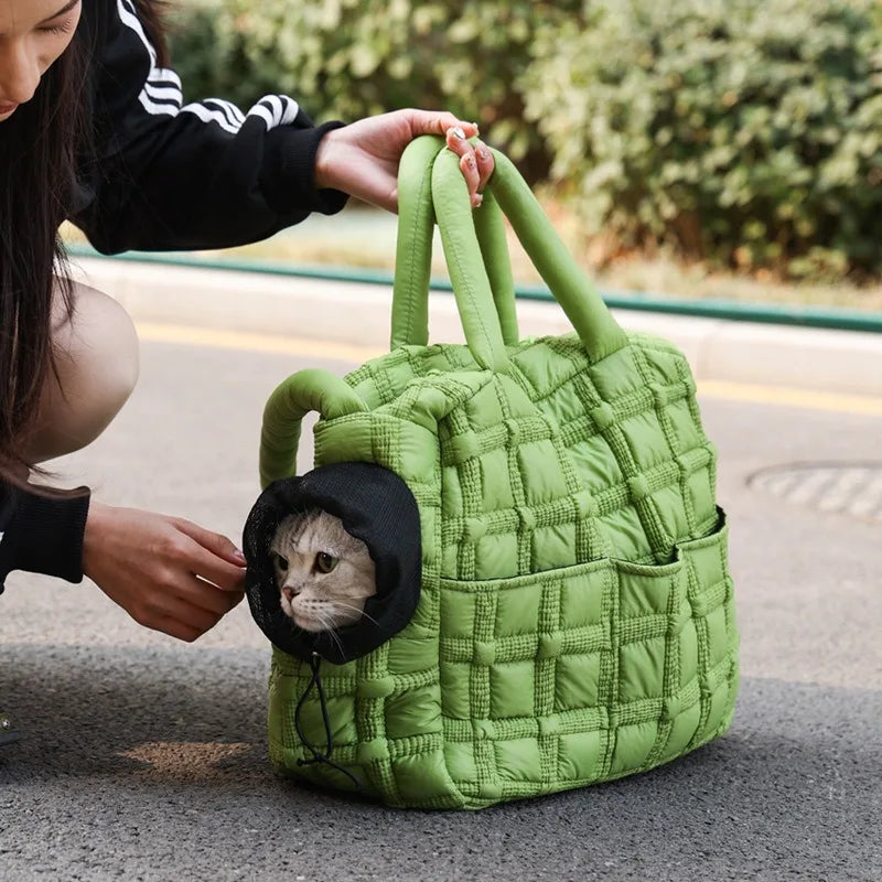 Fashionable Pet Carrier Puff Fabric Cat Bag with Head Out Breathable for Small Dogs Travel Portable Cat Puppy Sling Carrier Bag