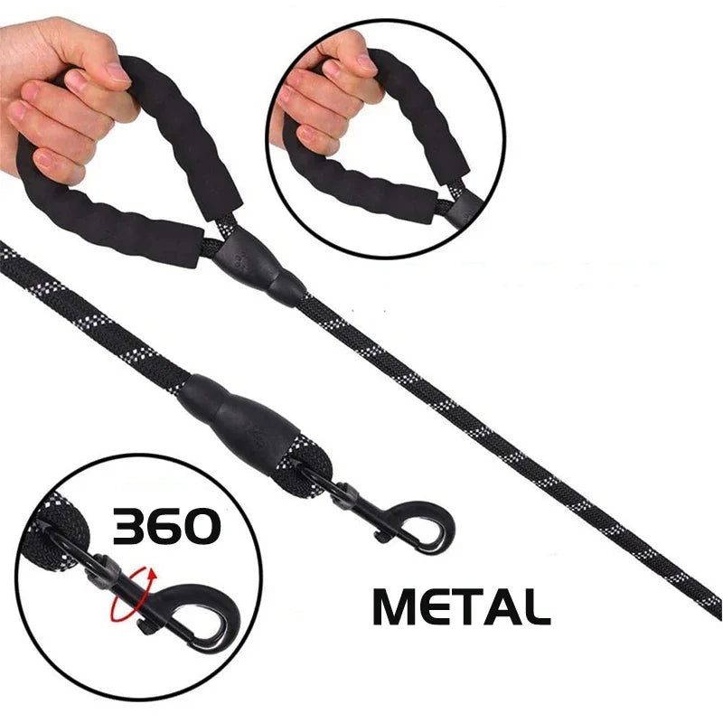 A reflective pet dog leash with a comfortable soft-padded handle - a leash for pet dogs - enhances safety and control