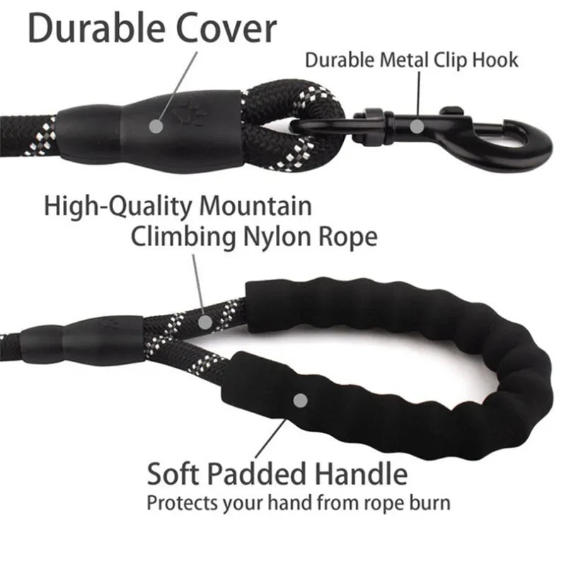 A reflective pet dog leash with a comfortable soft-padded handle - a leash for pet dogs - enhances safety and control