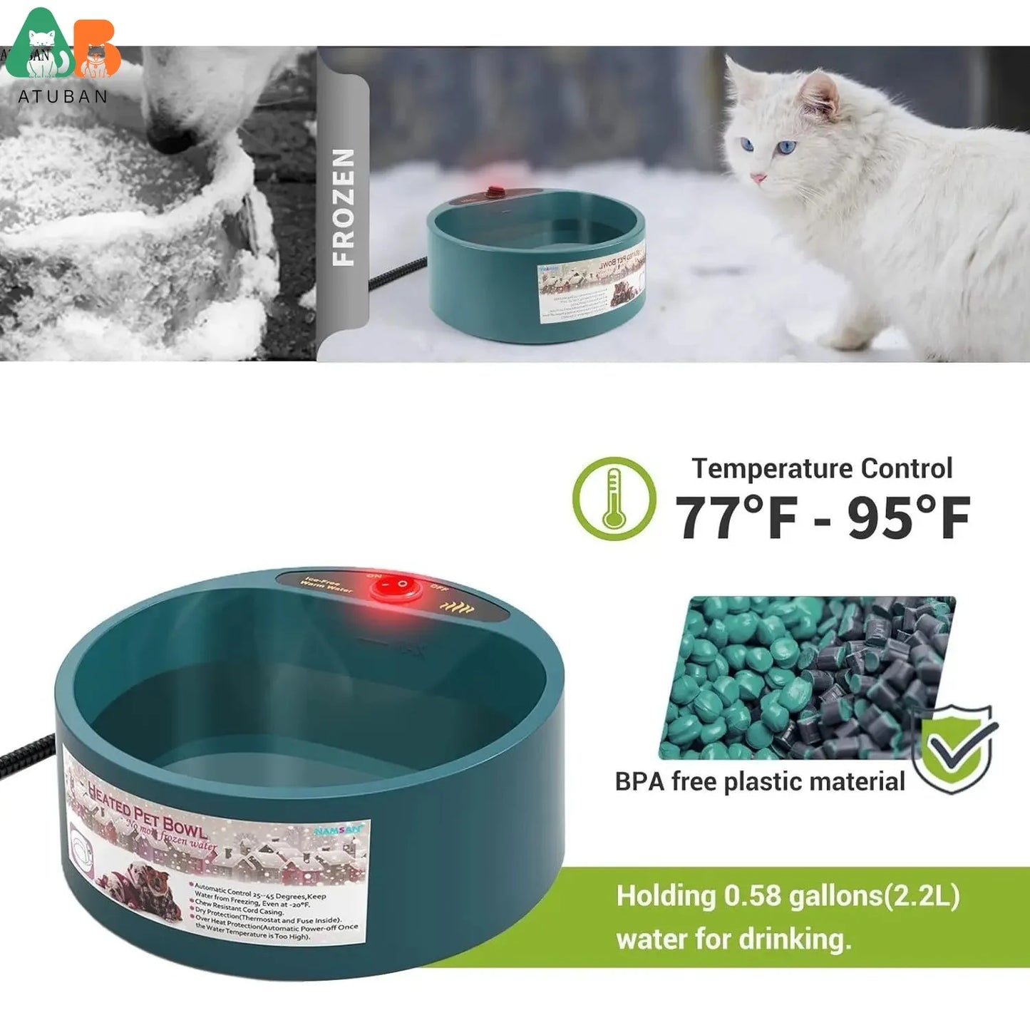 ATUBAN Heated Dog Bowl 2.2L Intellectual Heated Pet Water Bowl for Dogs, Cats, Chickens, Squirrels,Winter Bird Bath Thermal-Bowl