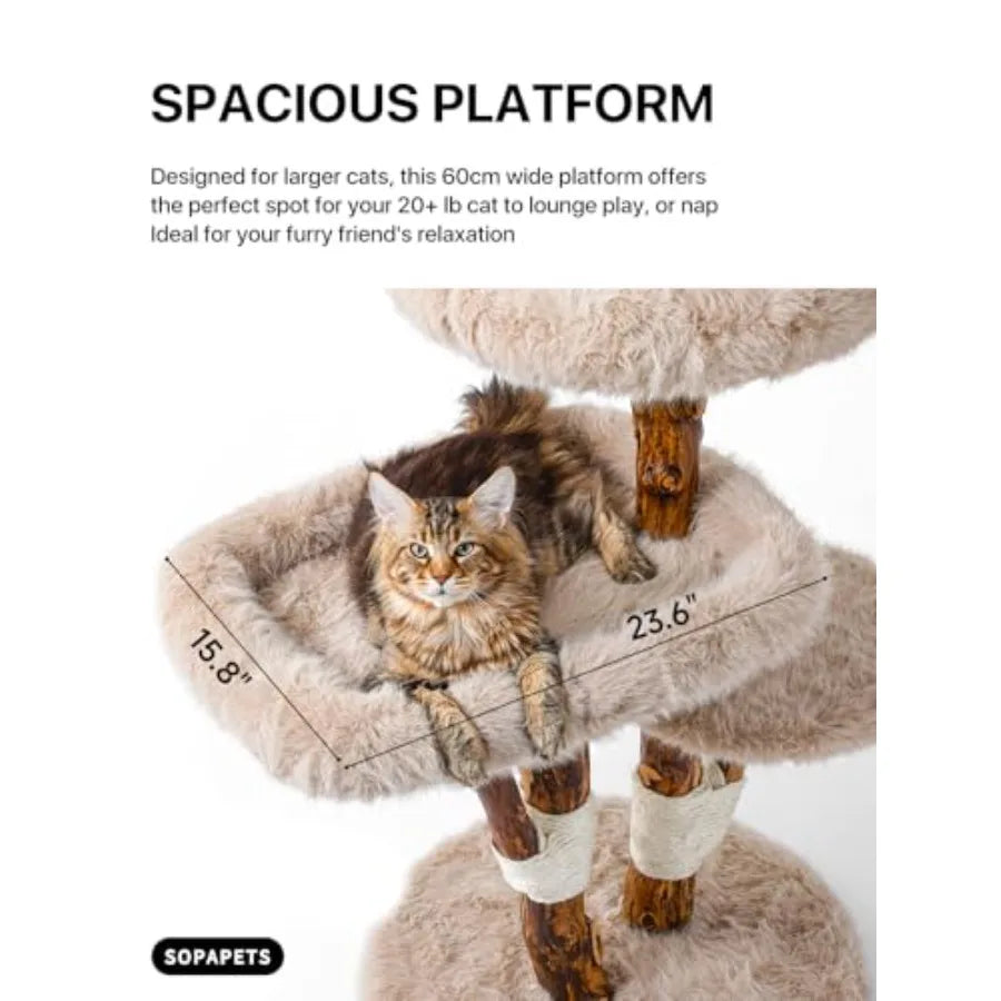 Aesthetic Cat Tree Tower for Large Cats with Faux Fox Fur Solid Wood Sisal Scratching Post Perches Platform Toy Ball in Brown