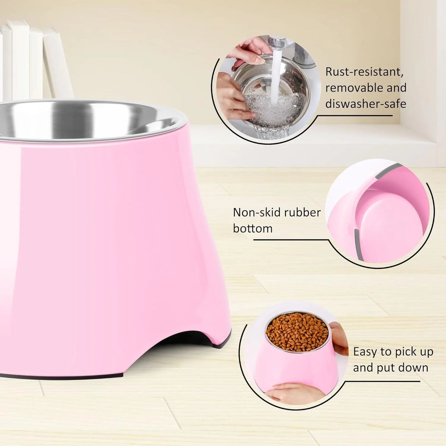 Non Slip Single Dog Bowl with Stainless Steel Inner, Raised Bowls for Smll Medium Large Dogs Spaniel Dogs Long Ear High Capacity