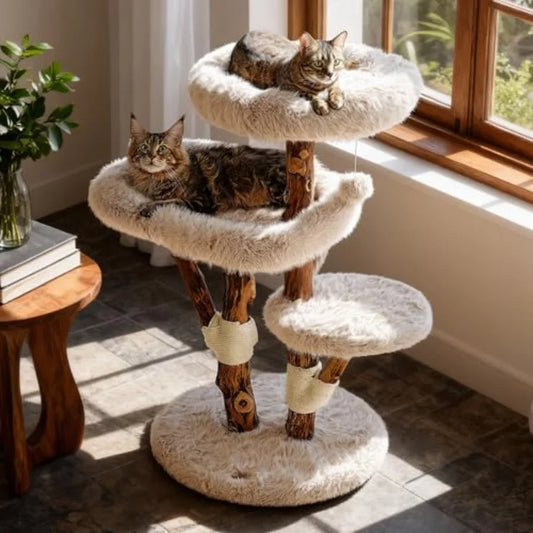 Aesthetic Cat Tree Tower for Large Cats with Faux Fox Fur Solid Wood Sisal Scratching Post Perches Platform Toy Ball in Brown