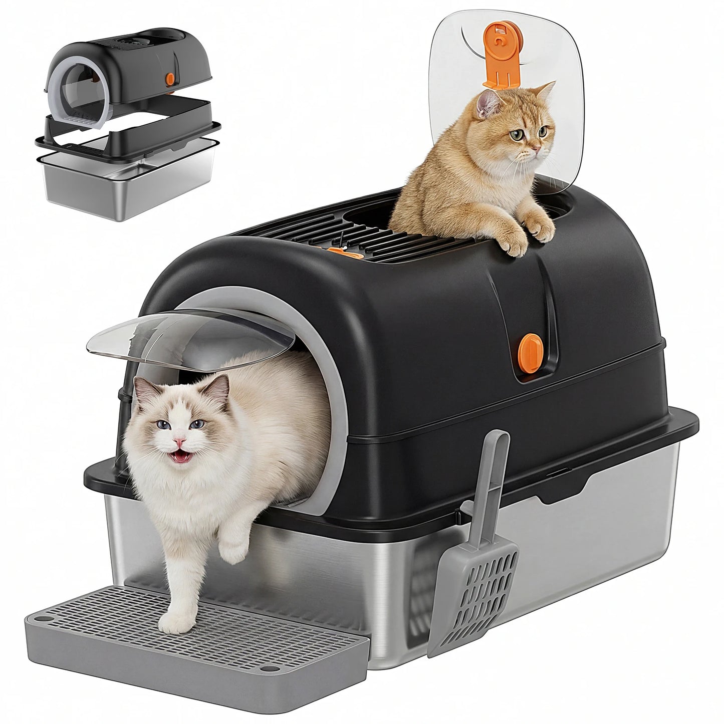 24IN Stainless Steel Cat Litter Box with Fully Enclosed 30L Large Cat Litter Box for Big Cats Cat Box Scoop and Mat Included