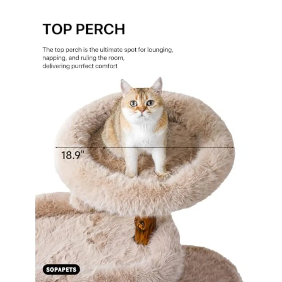 Aesthetic Cat Tree Tower for Large Cats with Faux Fox Fur Solid Wood Sisal Scratching Post Perches Platform Toy Ball in Brown