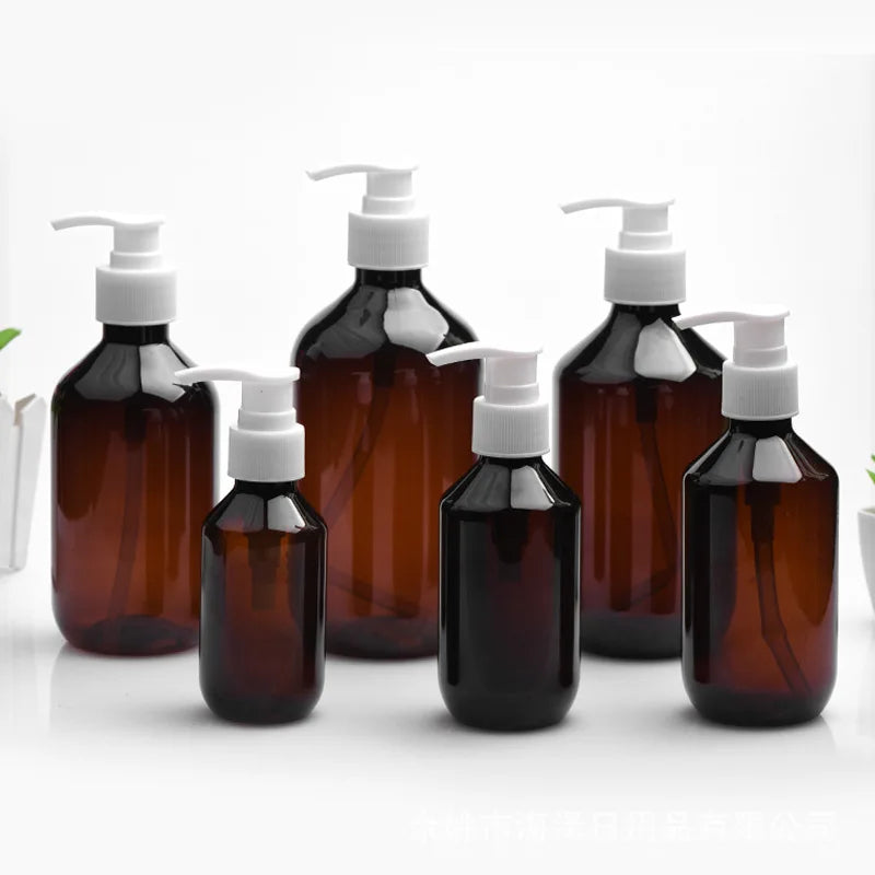 20/50pcs 100ml Green Plastic Bottle With Pump Lid 200ml Amber PET Shampoo Pump Refill Bottle 300ml 500ml Container HZ2311191
