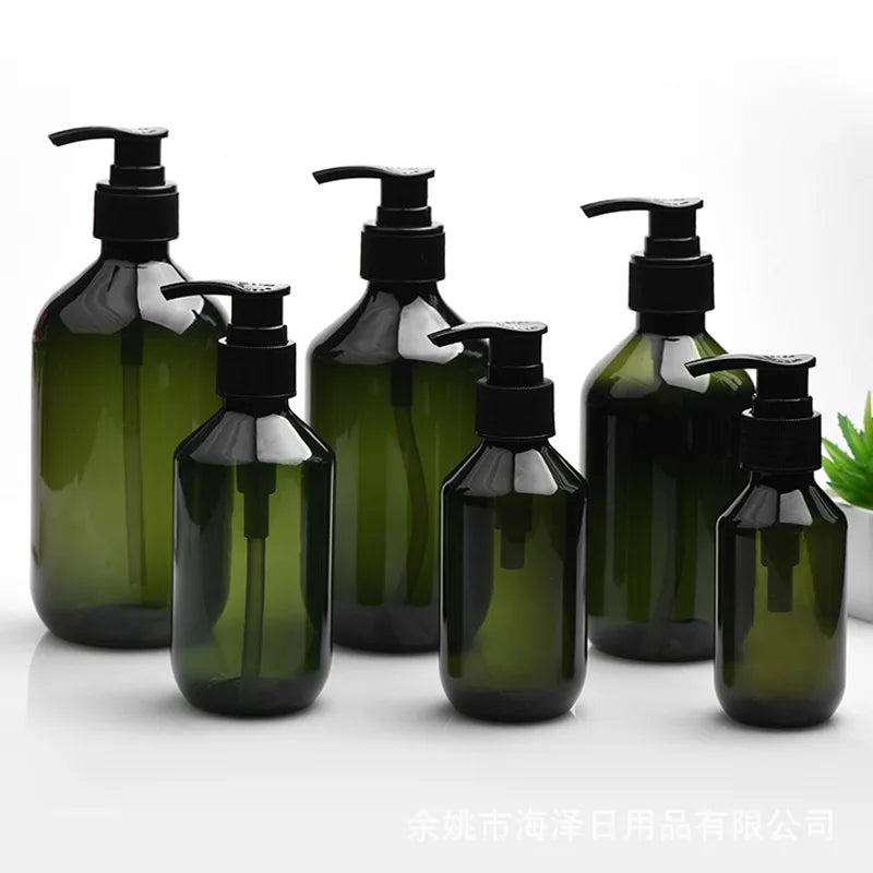 20/50pcs 100ml Green Plastic Bottle With Pump Lid 200ml Amber PET Shampoo Pump Refill Bottle 300ml 500ml Container HZ2311191