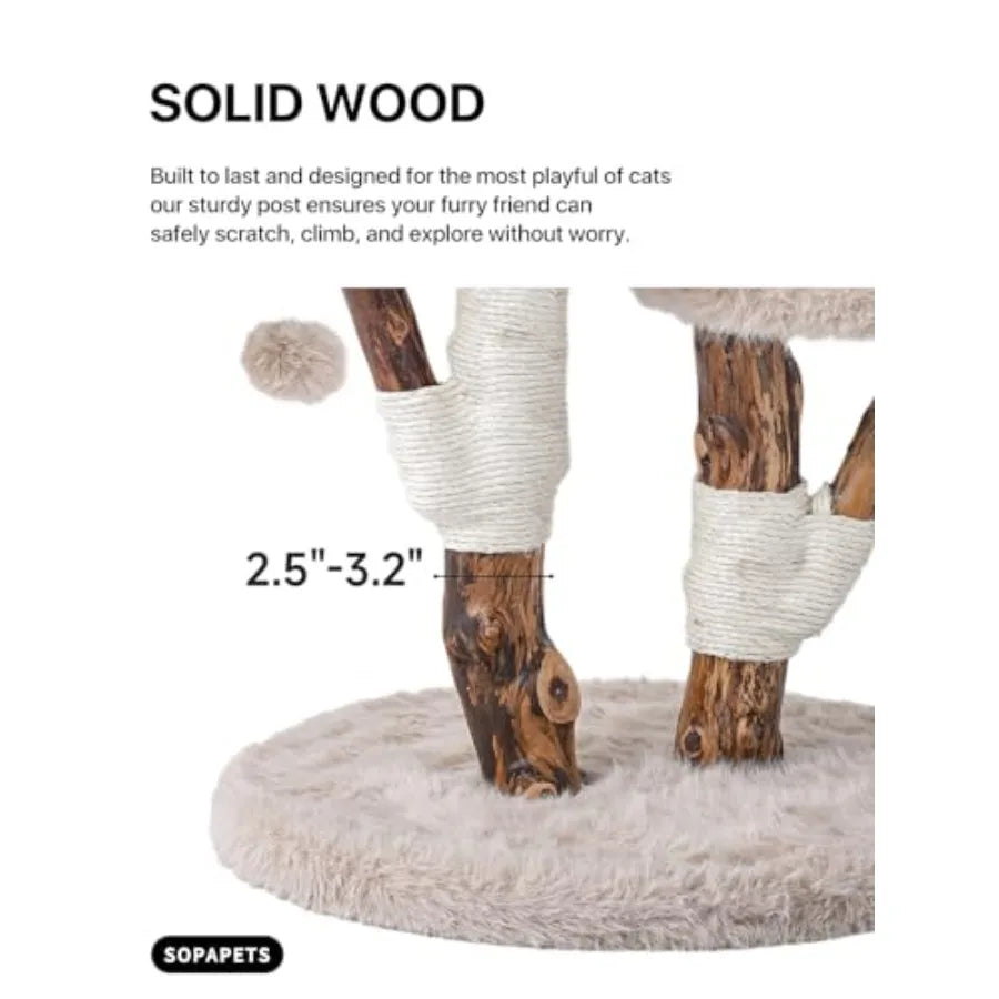 Aesthetic Cat Tree Tower for Large Cats with Faux Fox Fur Solid Wood Sisal Scratching Post Perches Platform Toy Ball in Brown