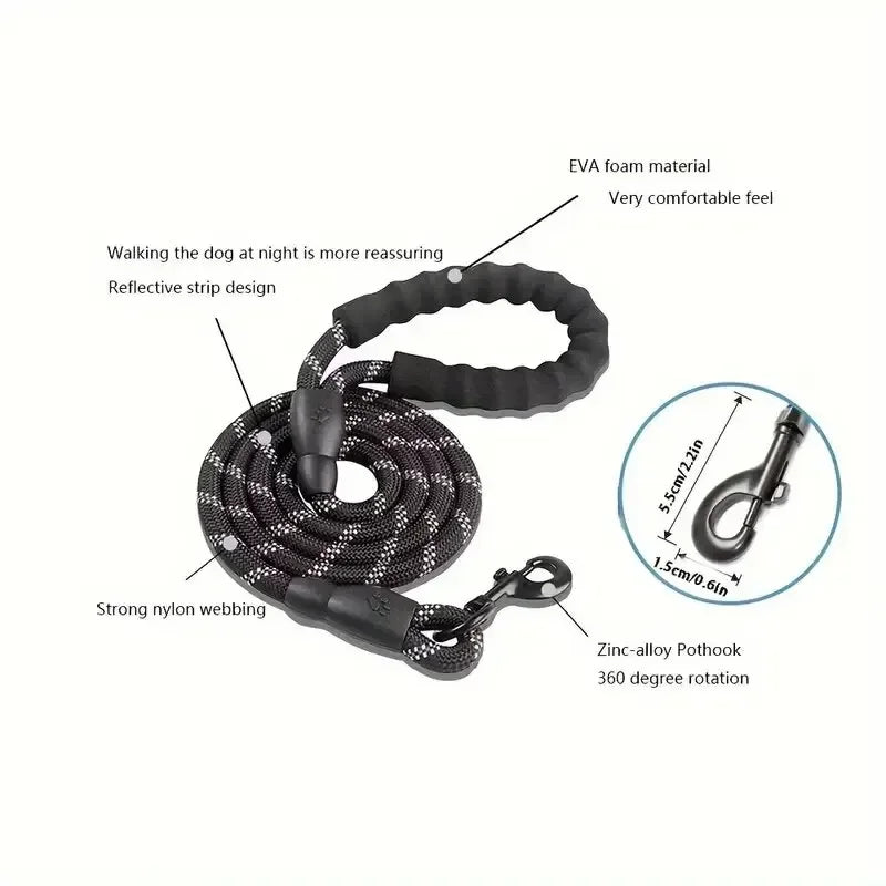 A reflective pet dog leash with a comfortable soft-padded handle - a leash for pet dogs - enhances safety and control
