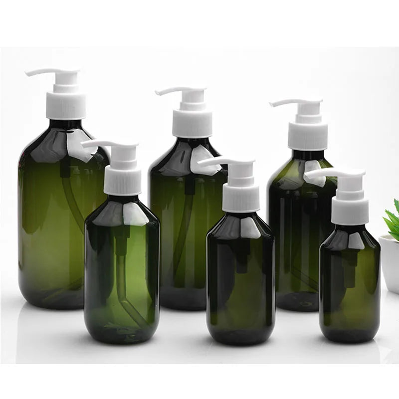 20/50pcs 100ml Green Plastic Bottle With Pump Lid 200ml Amber PET Shampoo Pump Refill Bottle 300ml 500ml Container HZ2311191