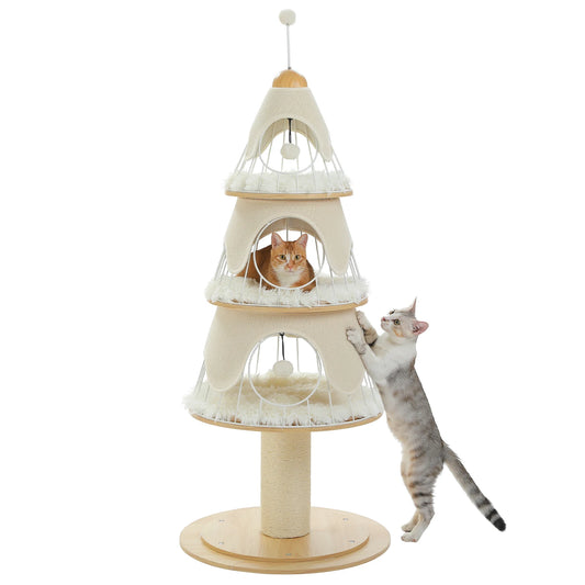 Christmas Cat Tree Tower with 3 Cozy Condos & Pompoms Multi-Level Cat House Bed for Indoor Cats Modern Cat Furniture Cat Toys
