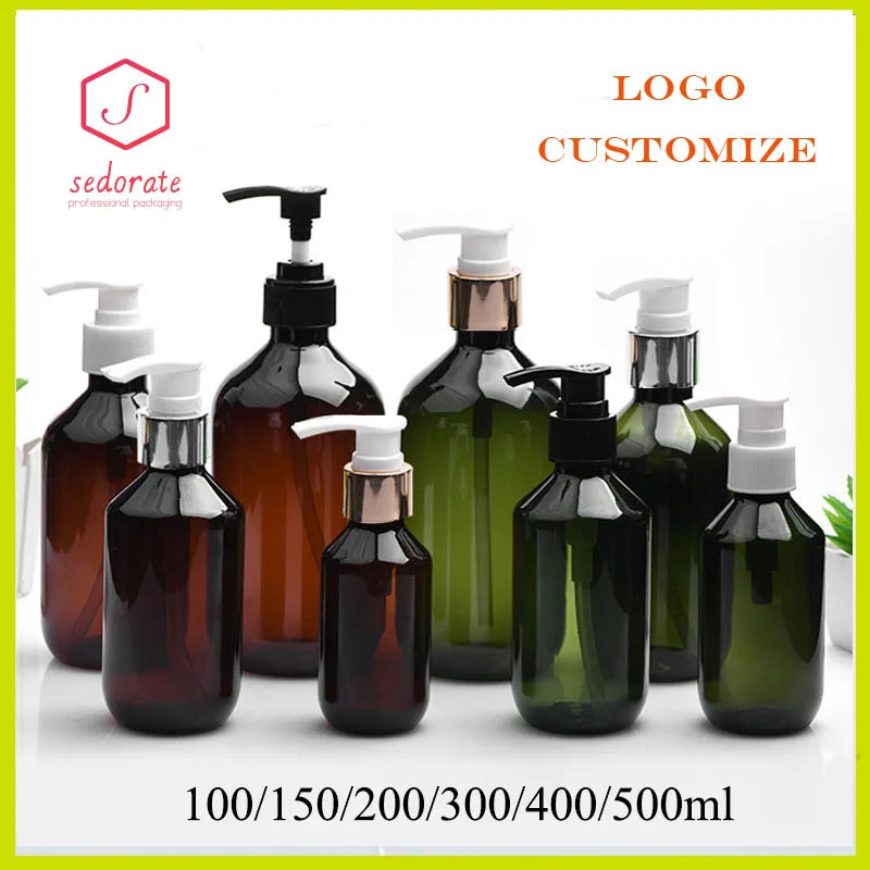 20/50pcs 100ml Green Plastic Bottle With Pump Lid 200ml Amber PET Shampoo Pump Refill Bottle 300ml 500ml Container HZ2311191