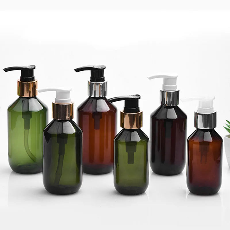 20/50pcs 100ml Green Plastic Bottle With Pump Lid 200ml Amber PET Shampoo Pump Refill Bottle 300ml 500ml Container HZ2311191
