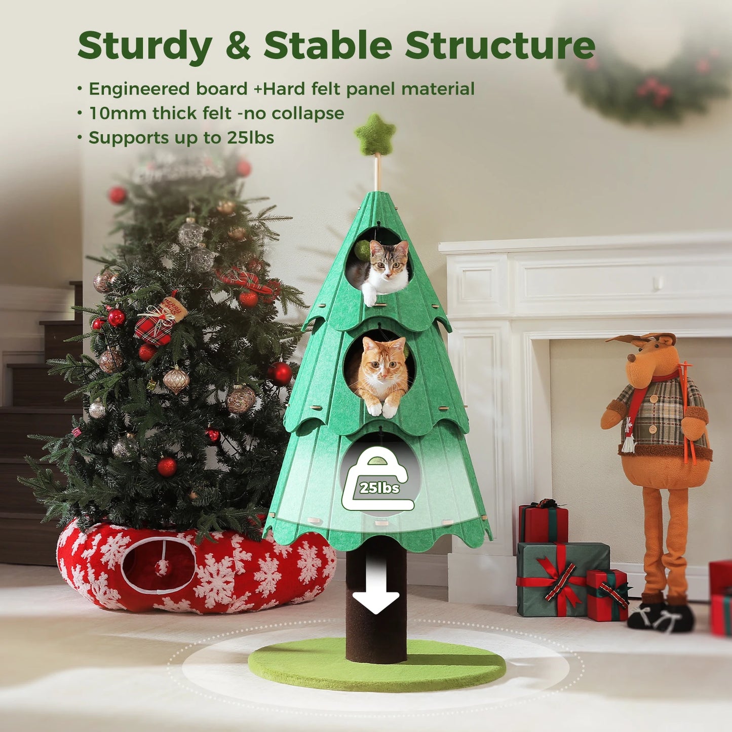 Christmas Cat Tree Tower with 3 Cozy Condos & Pompoms Multi-Level Cat House Bed for Indoor Cats Modern Cat Furniture Cat Toys